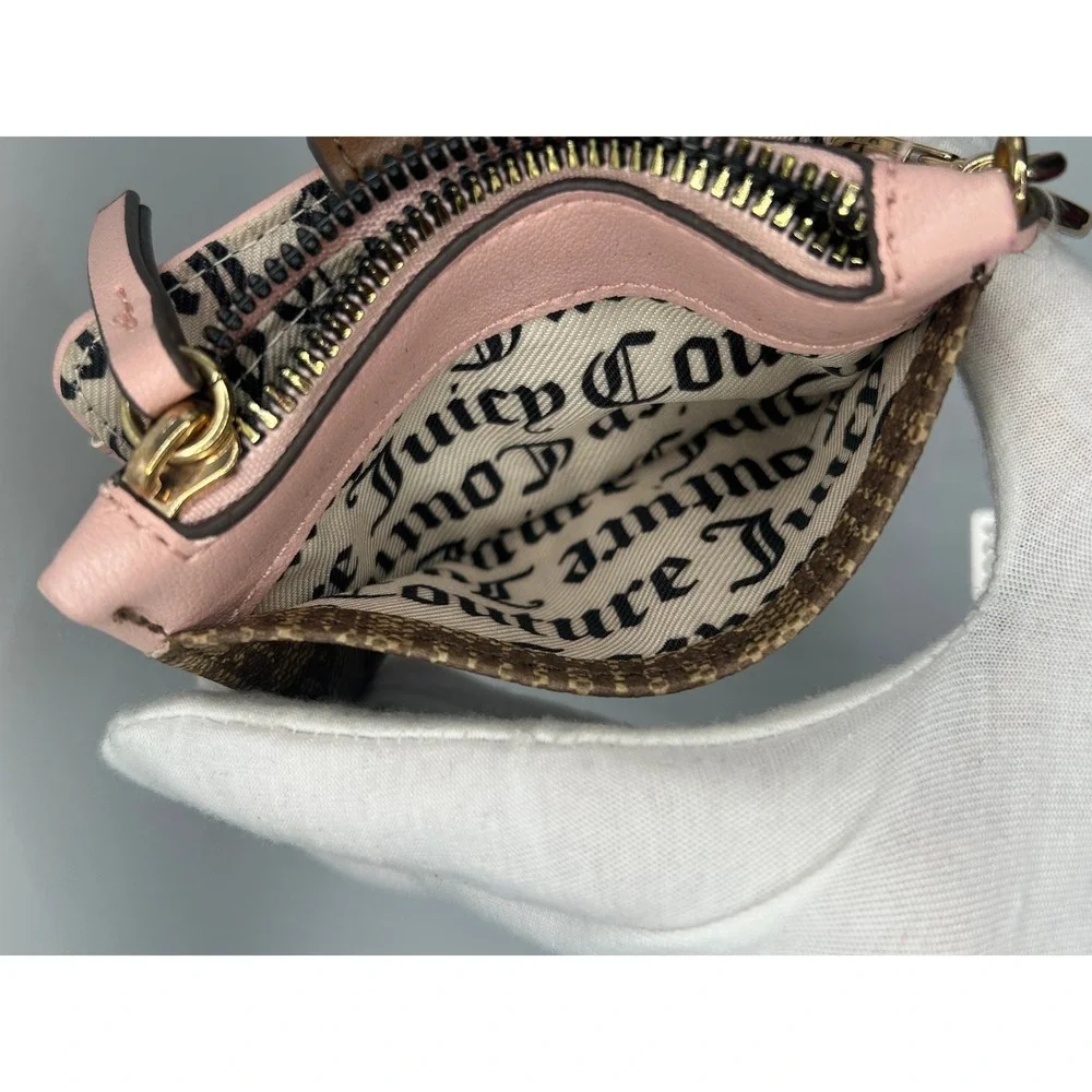 Juicy Couture Card Holder‎ Wallet Pouch Keychain Heart Charm Pink Brown Monogram